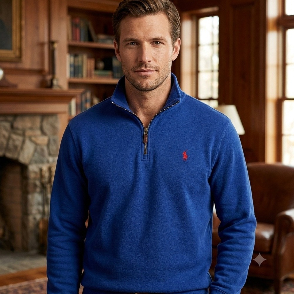 Vintage Polo Ralph Lauren Quarter Zip Pullover Mens XL Navy Blue Cotton Red Pony